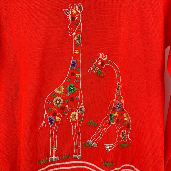 2/$30 Vintage Giraffe Sweater Size S Neon Orange Red Embroidered Rochelle - Picture 3 of 8